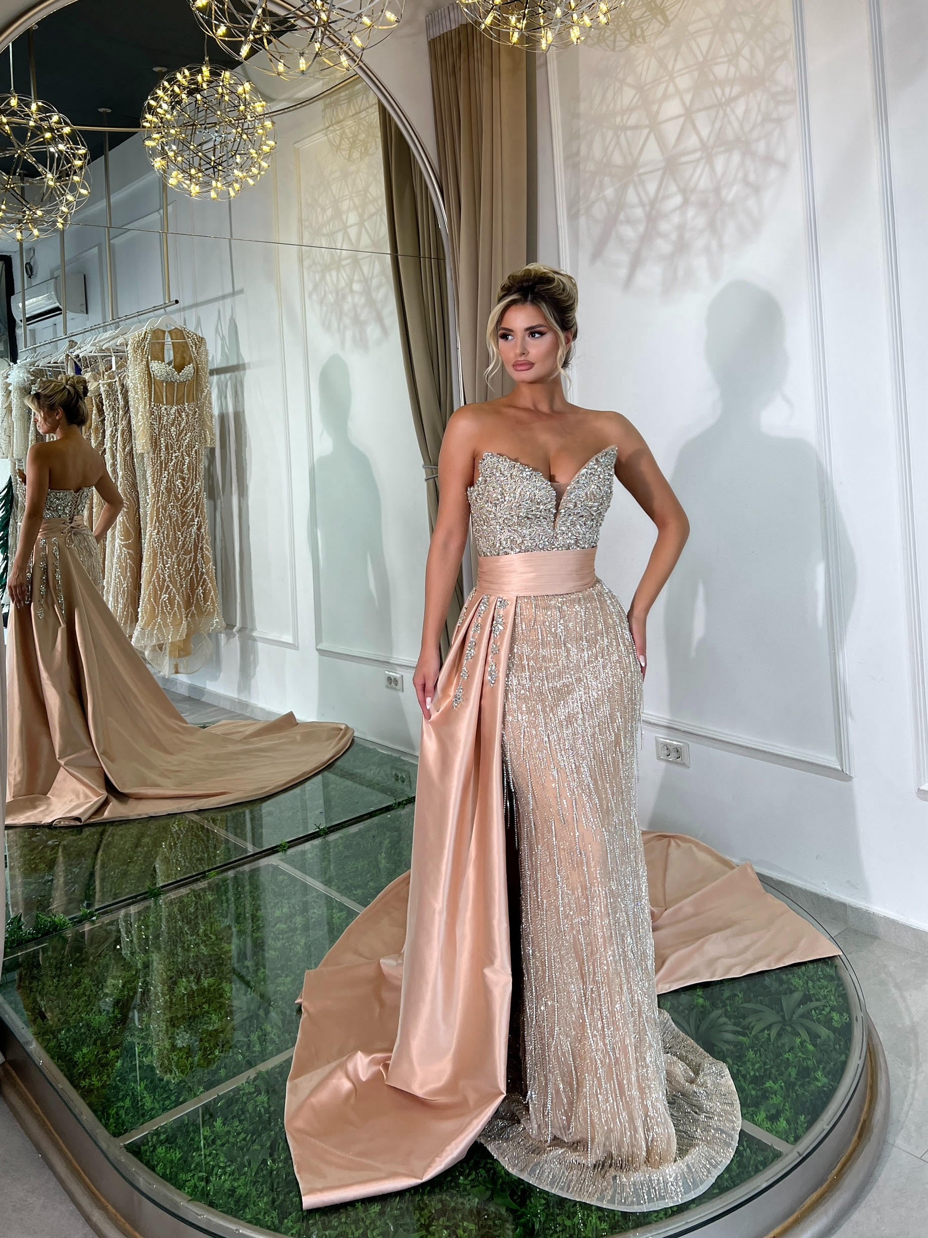 Nude Long Dress with side cape