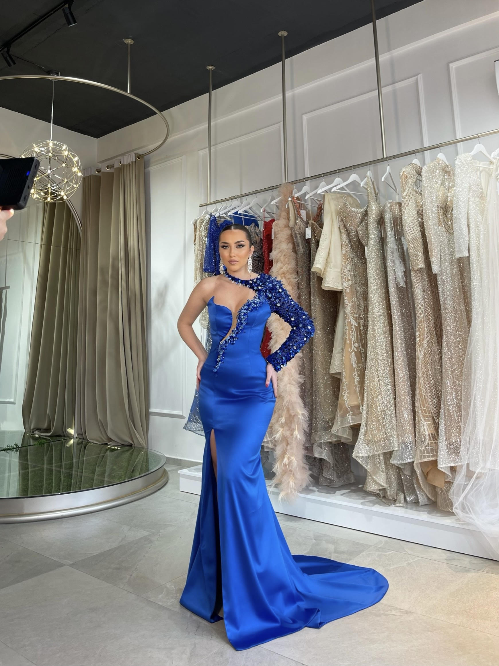 Long satin dress with crystals