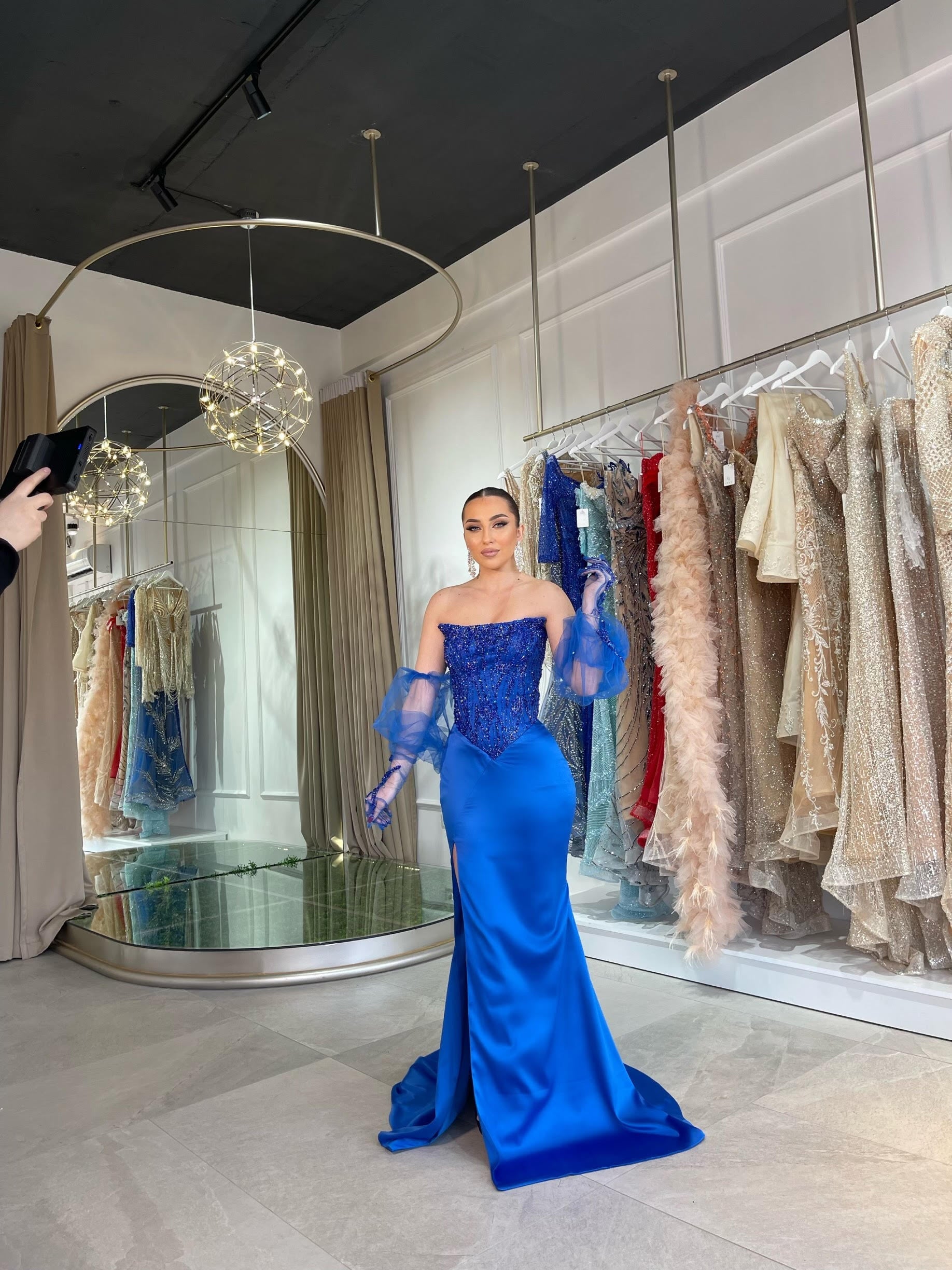 Long blue satin dress