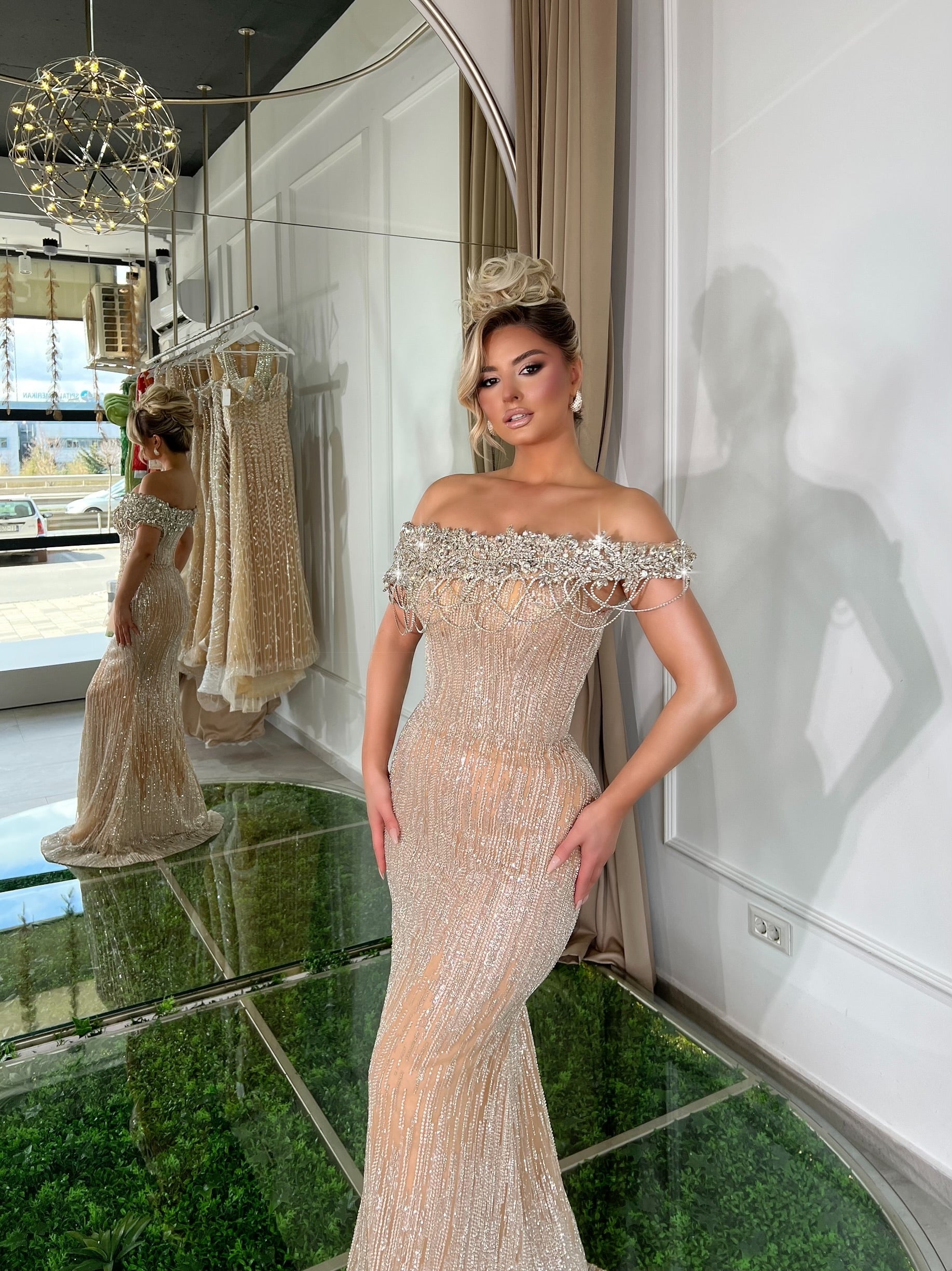 Embroidered Long Nude Dress