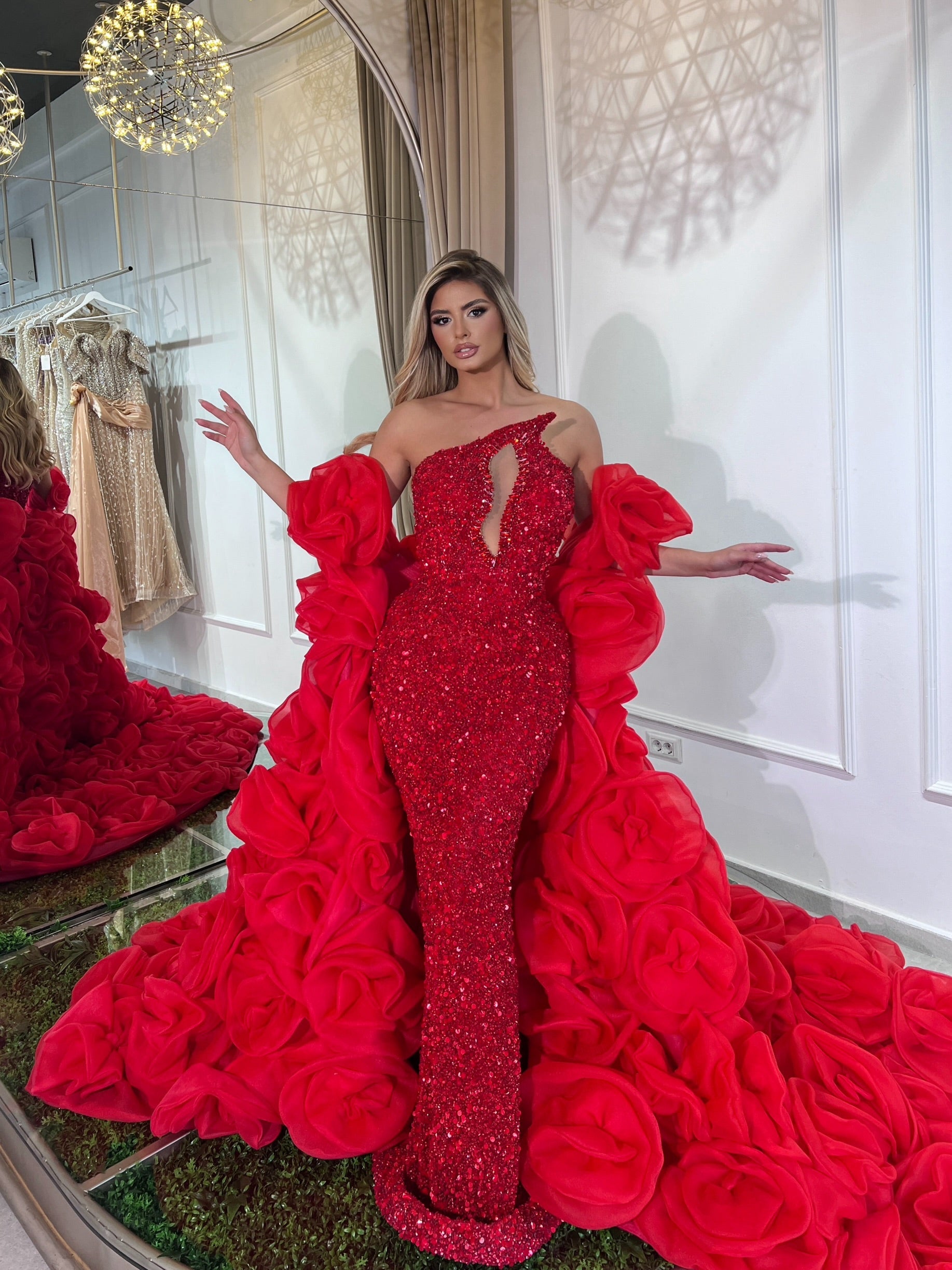 Red Dress with Flower side cape