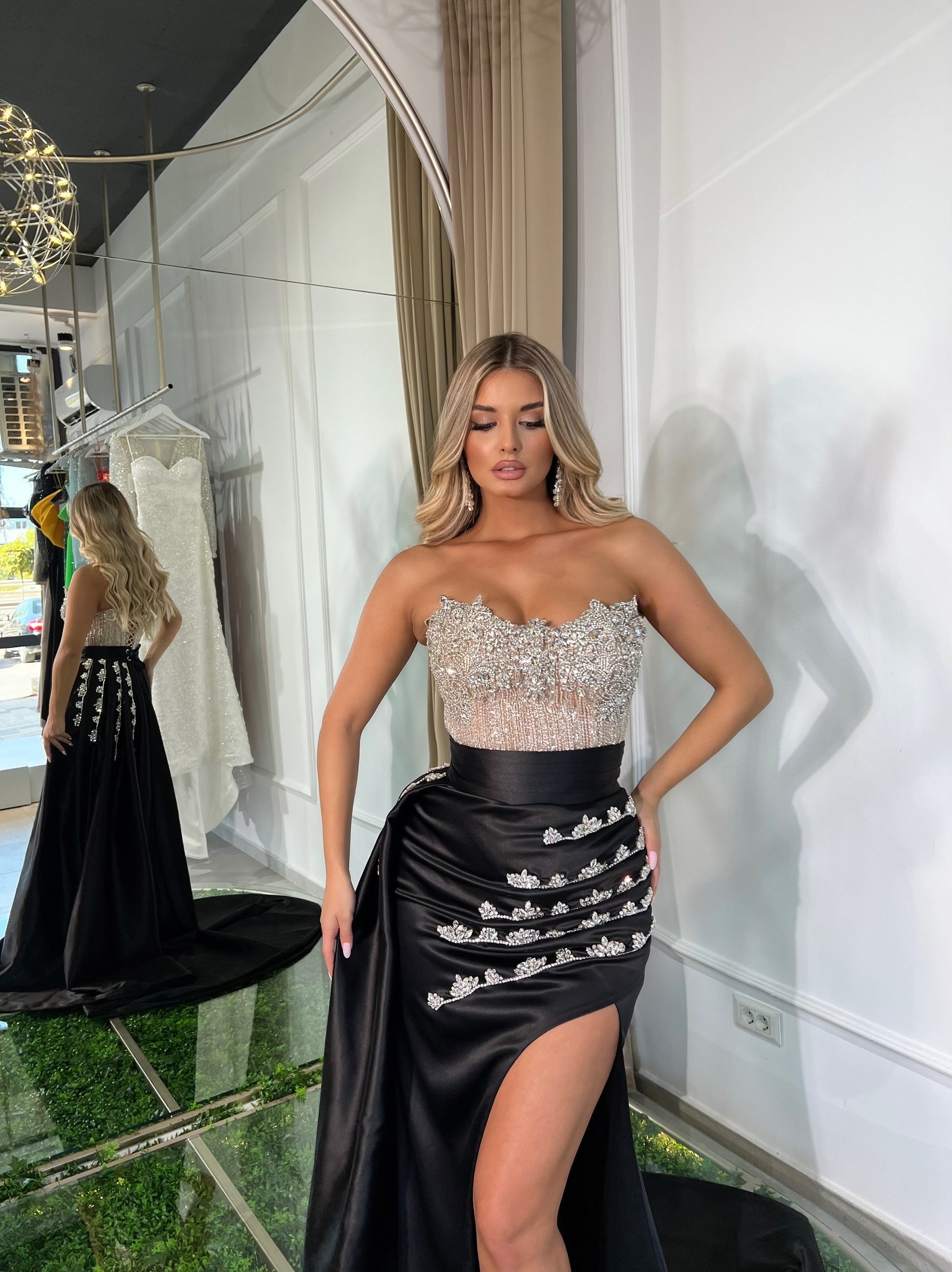 Embroided Black Satin Dress