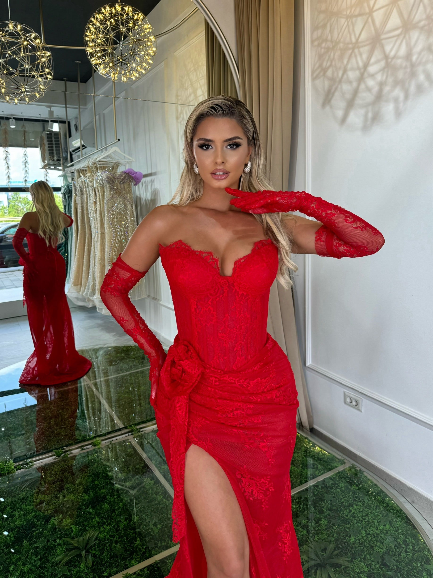 Red French lace with side slit
