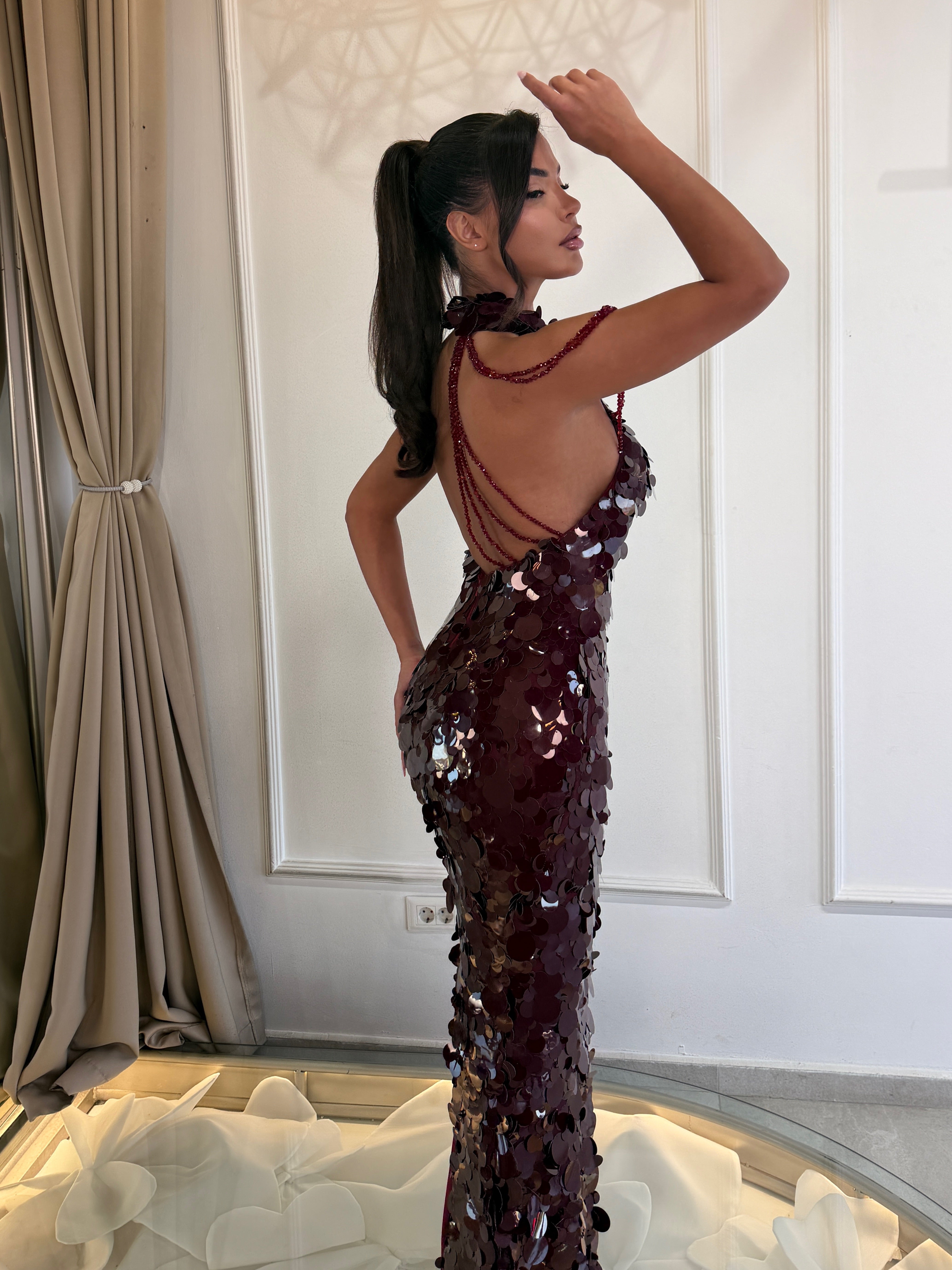 Burgundy Sequin Halter Gown