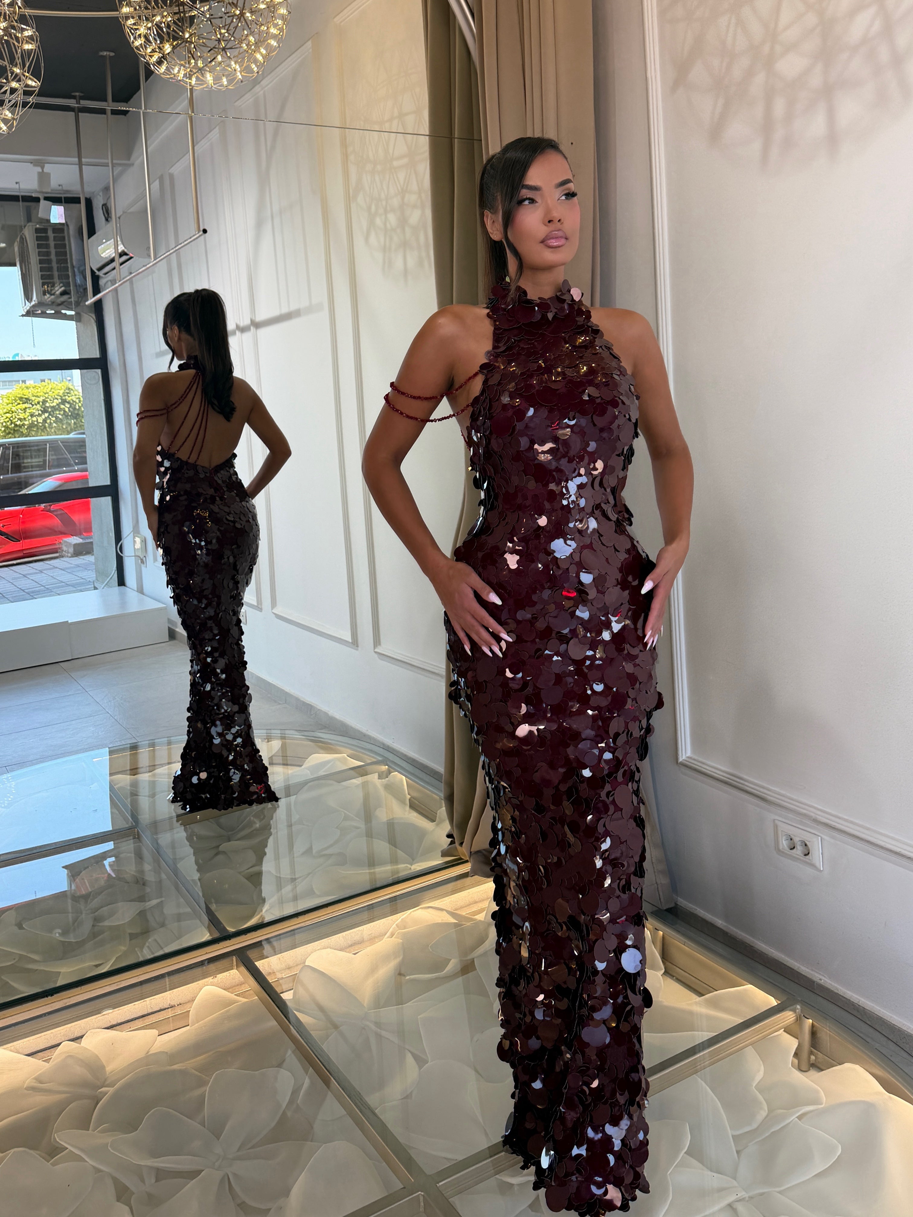Burgundy Sequin Halter Gown