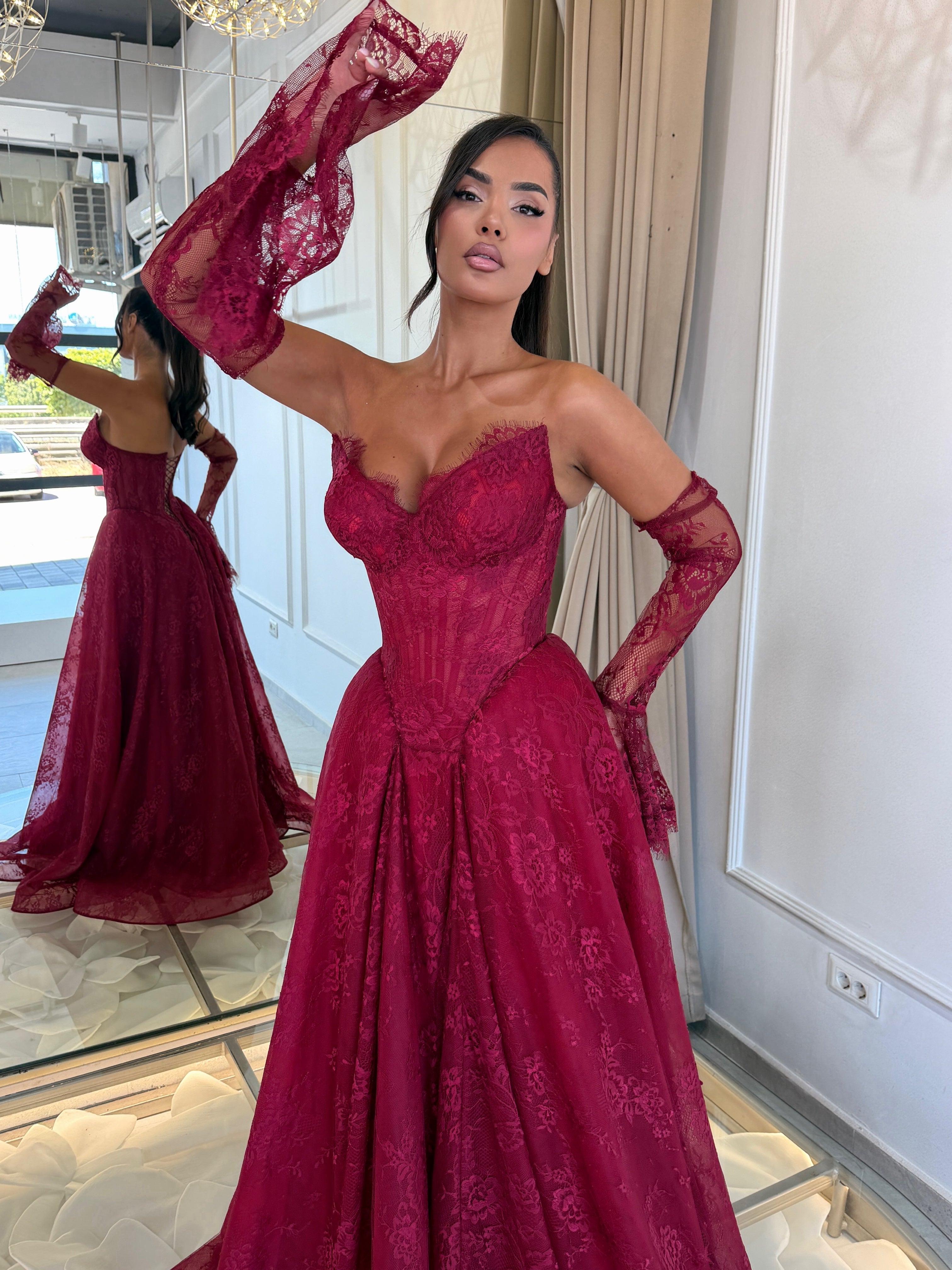 Burgundy French Lace Corset Gown