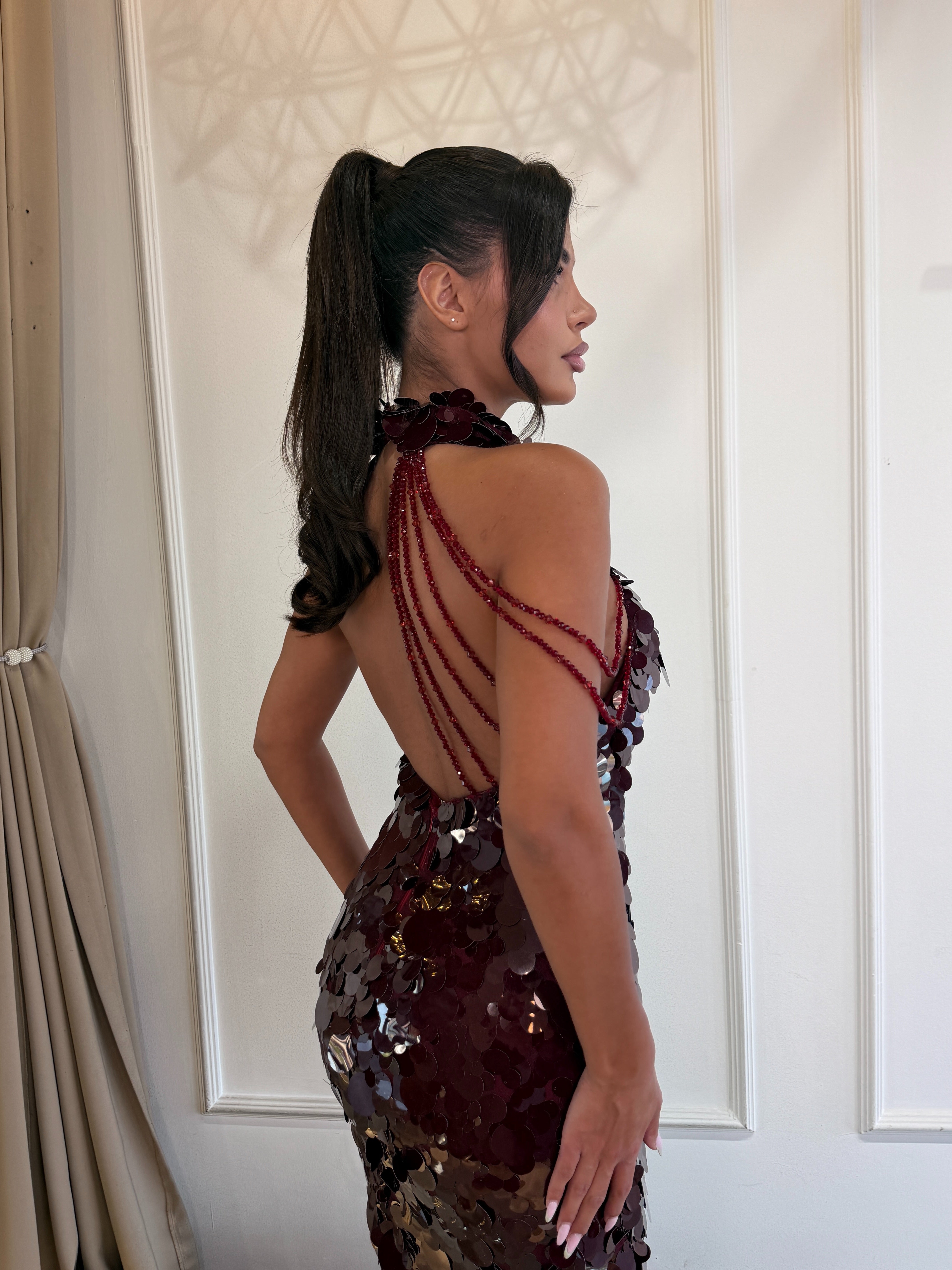 Burgundy Sequin Halter Gown