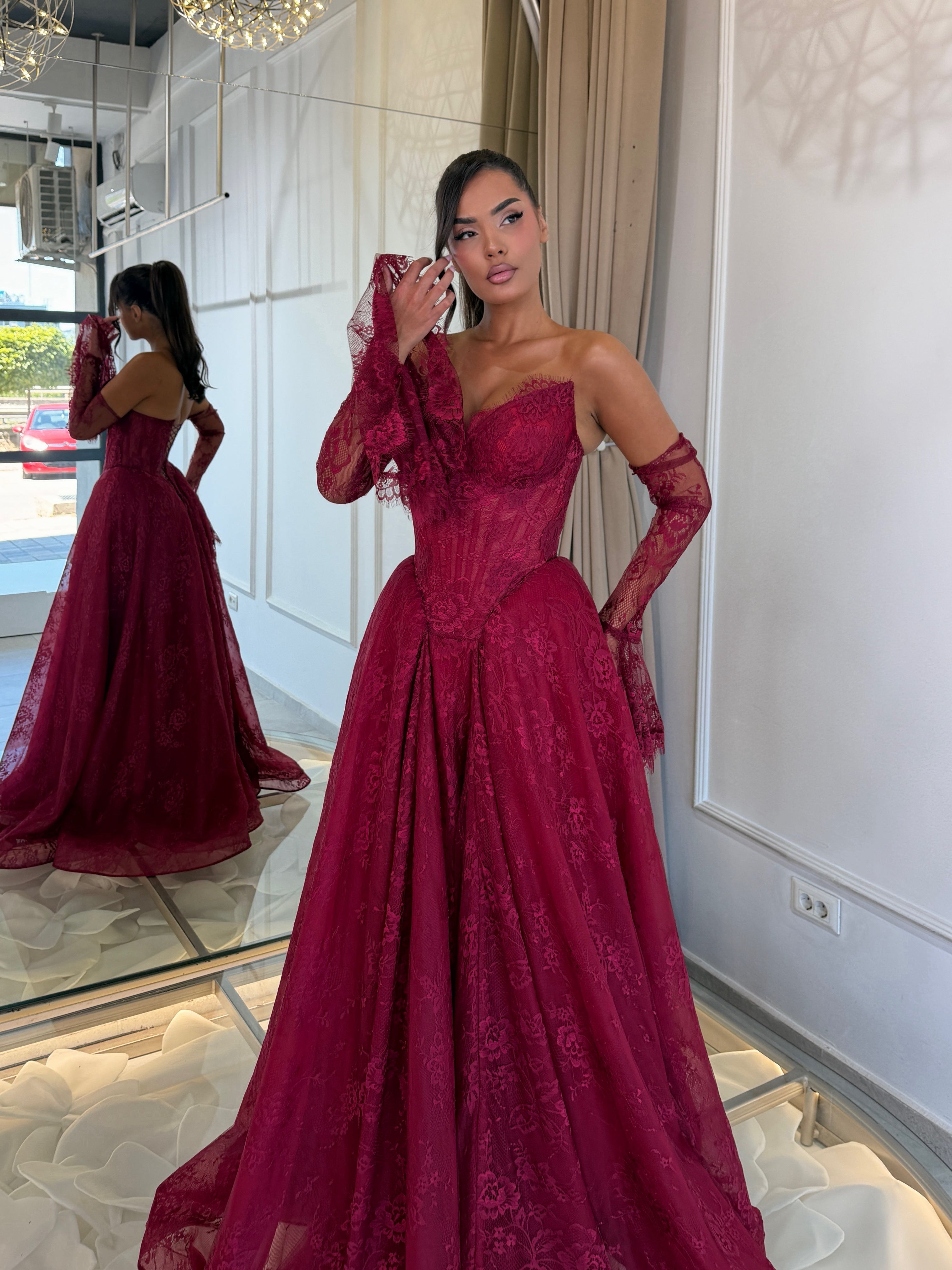 Burgundy French Lace Corset Gown