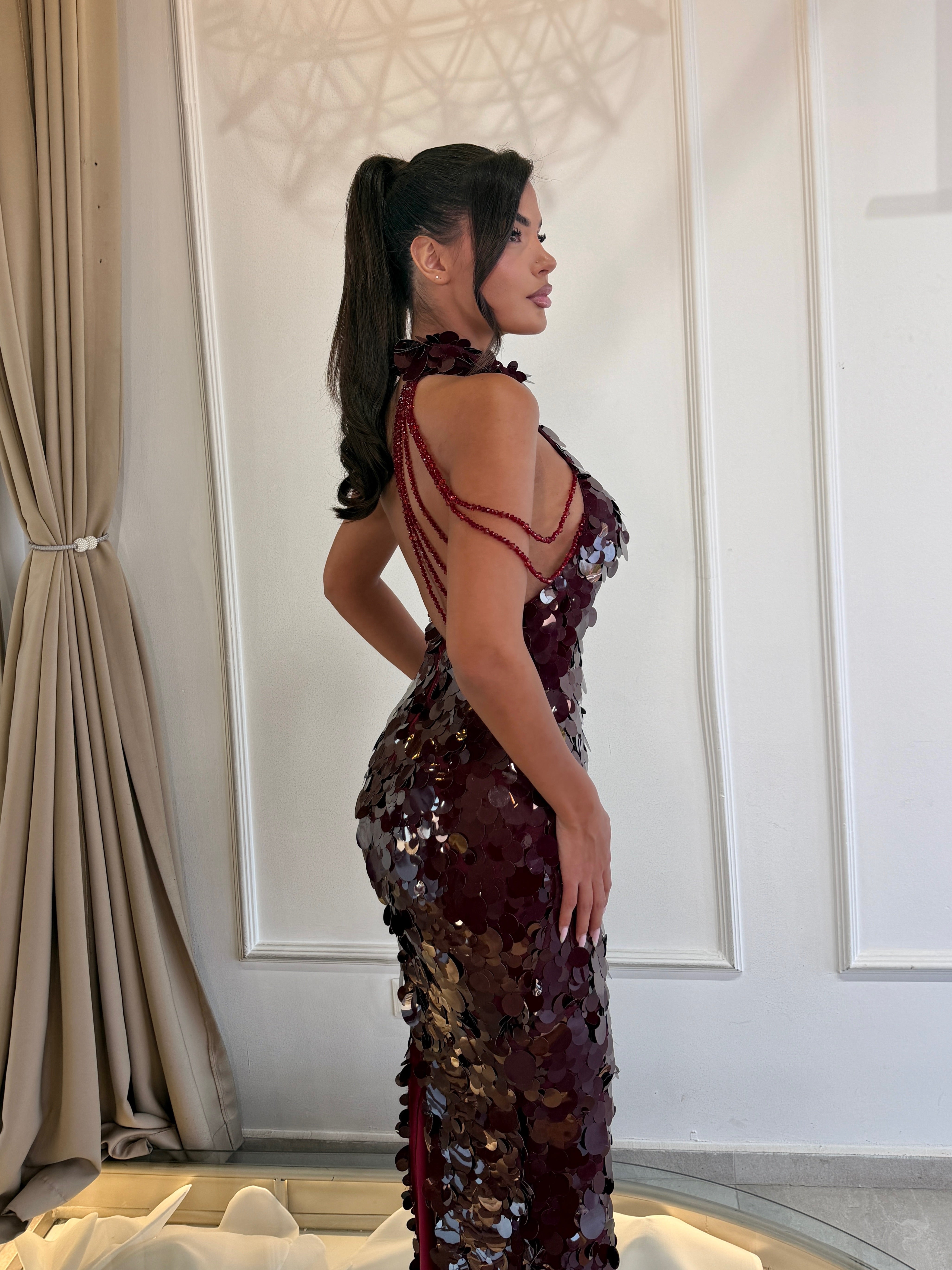 Burgundy Sequin Halter Gown