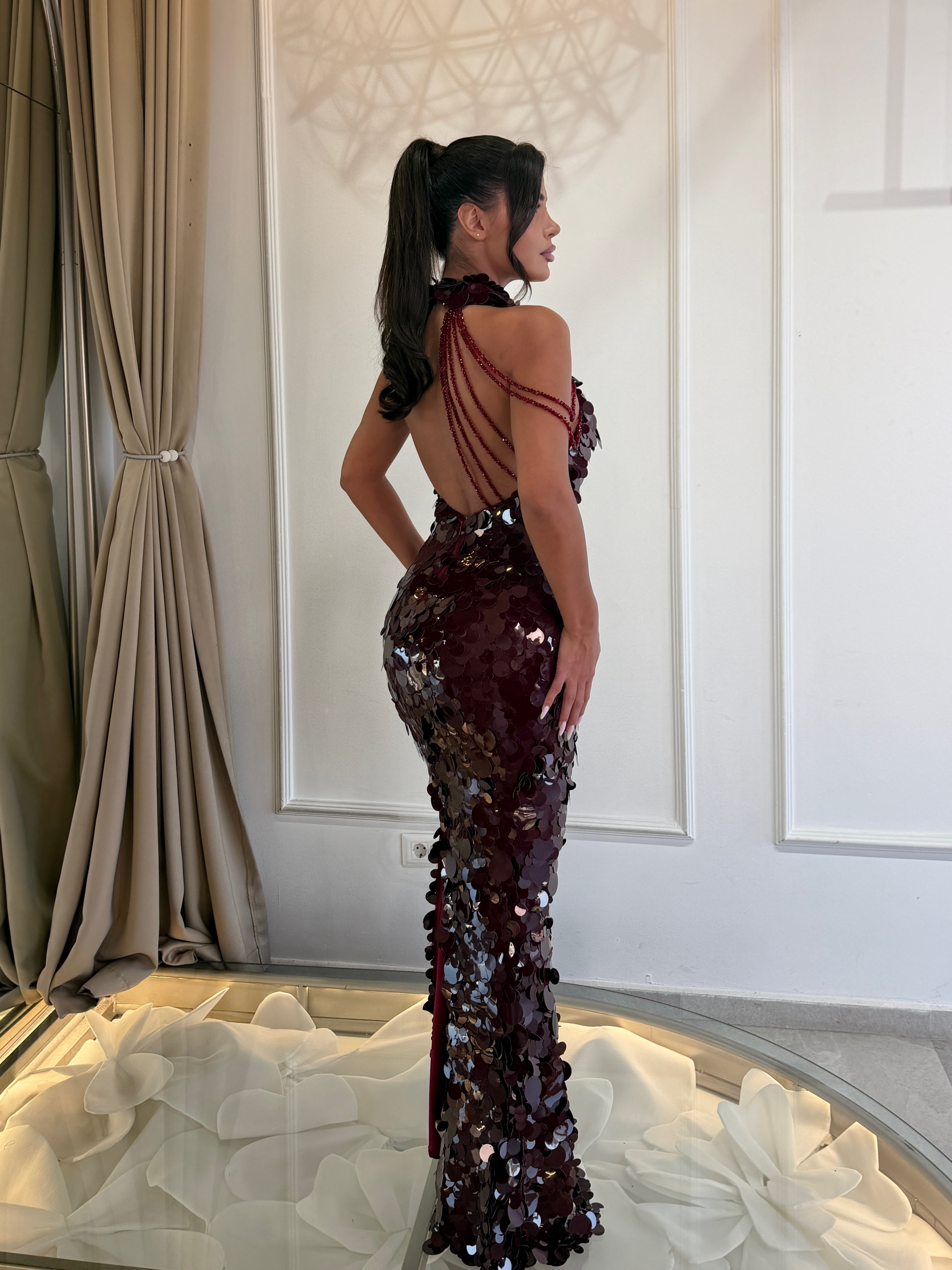 Burgundy Sequin Halter Gown
