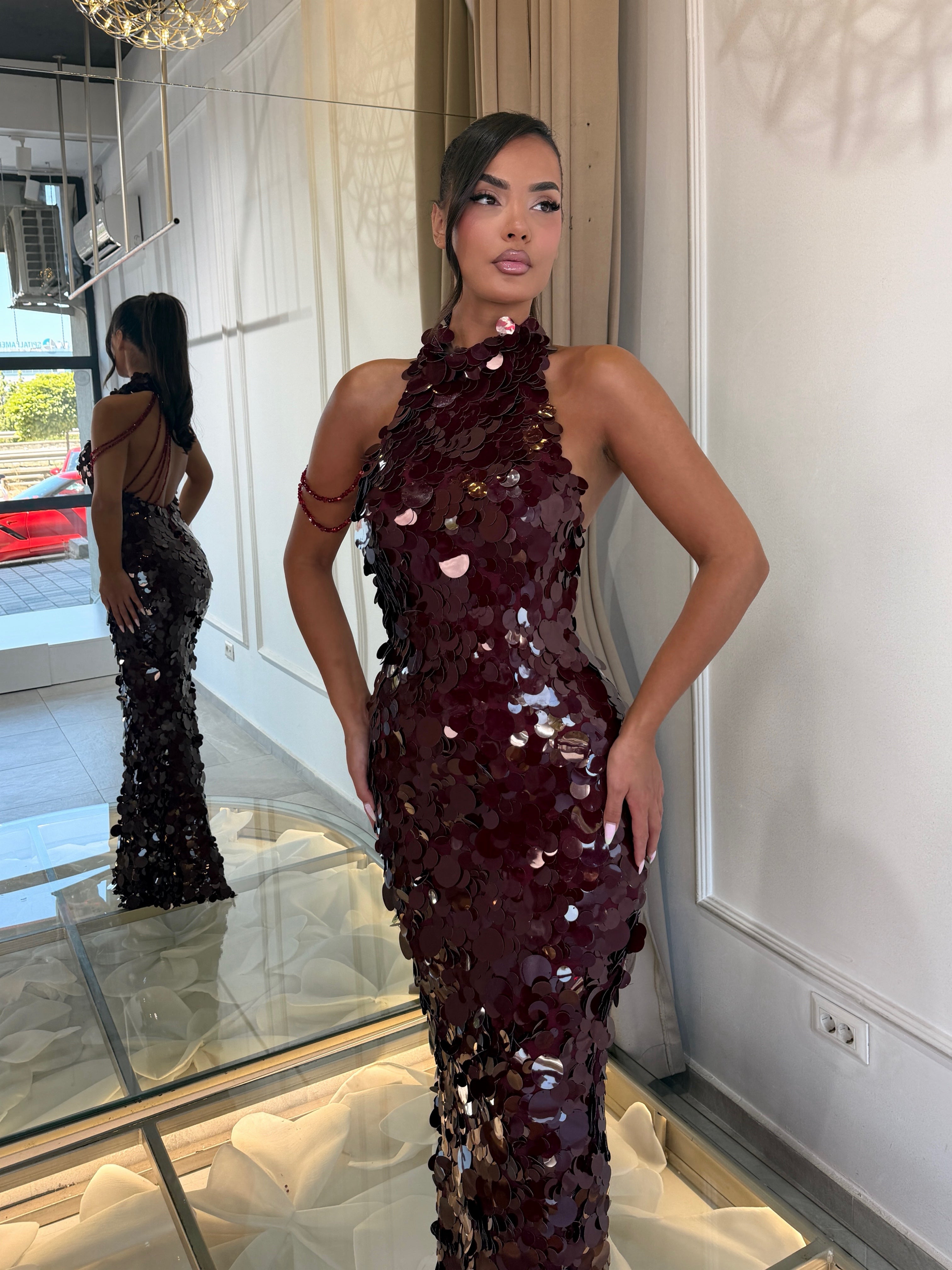 Burgundy Sequin Halter Gown