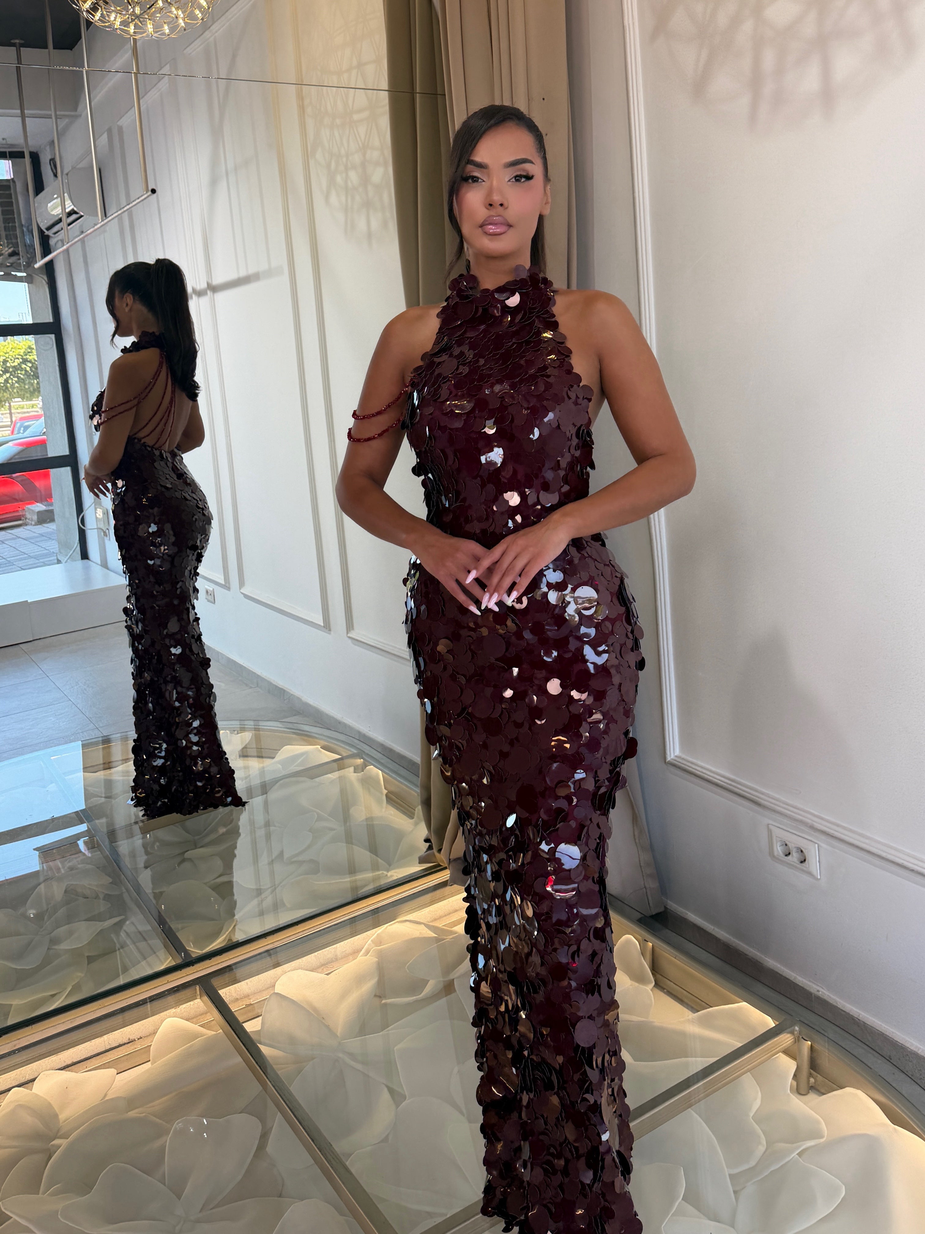 Burgundy Sequin Halter Gown