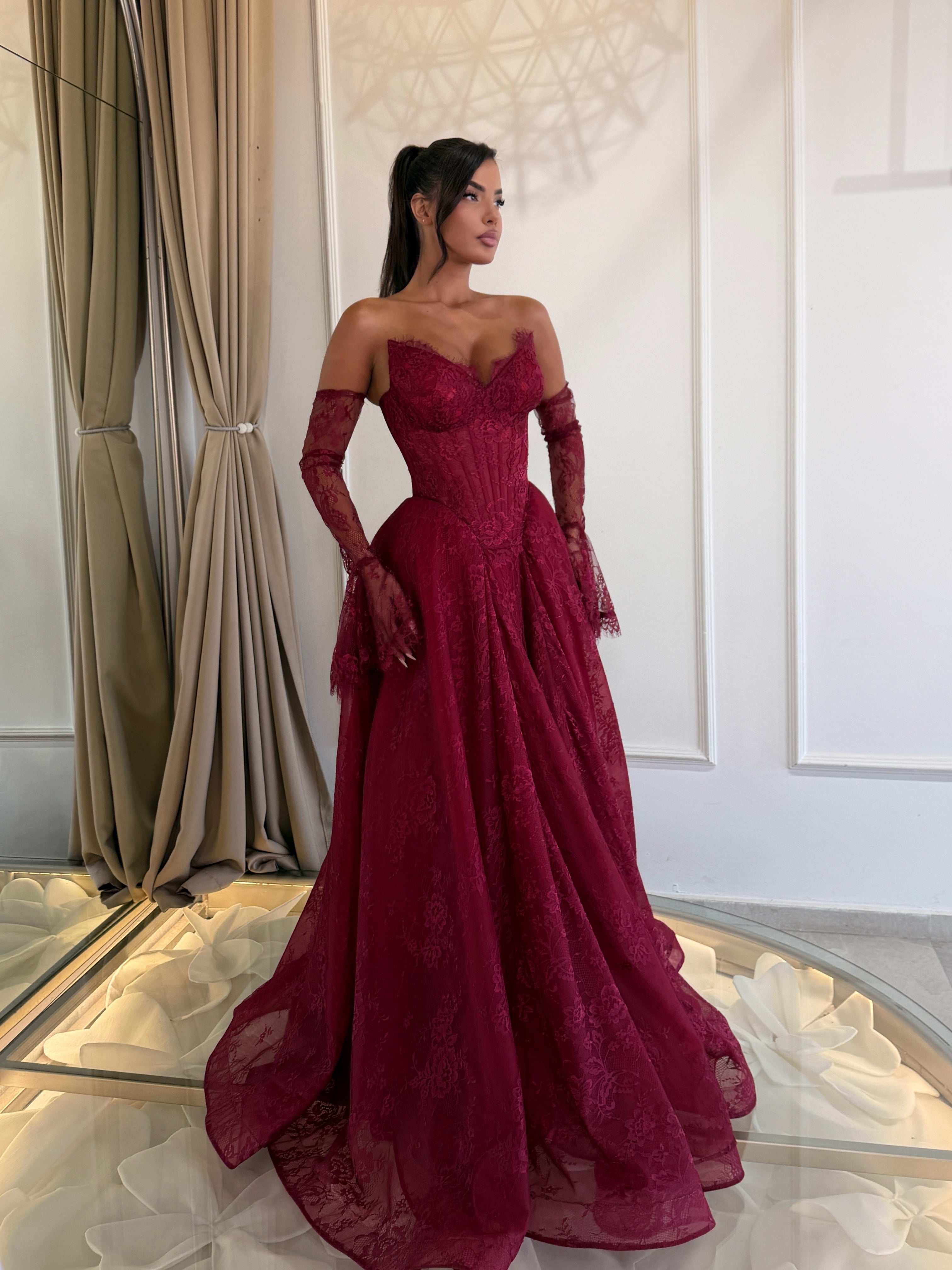 Burgundy French Lace Corset Gown