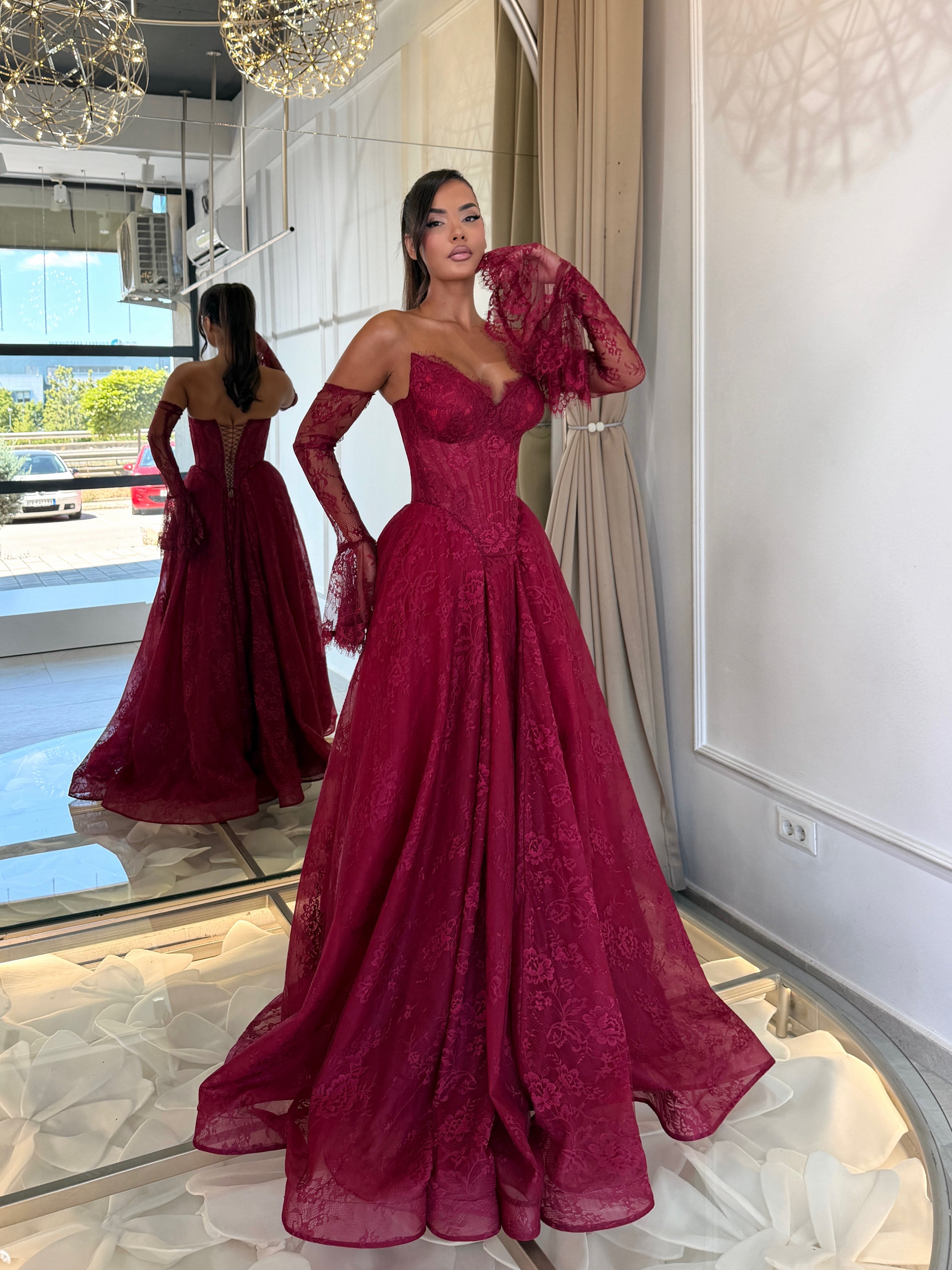 Burgundy French Lace Corset Gown