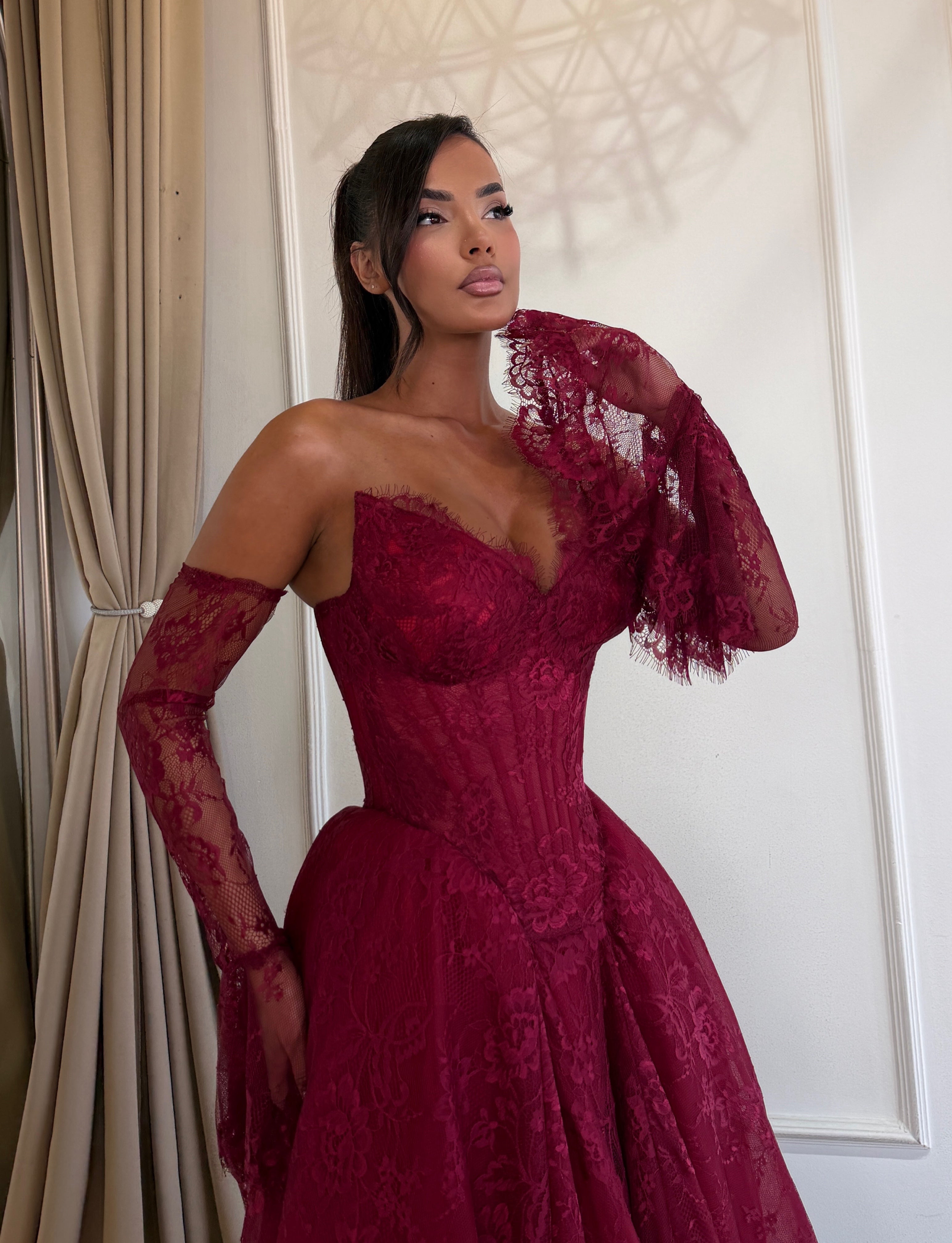 Burgundy French Lace Corset Gown
