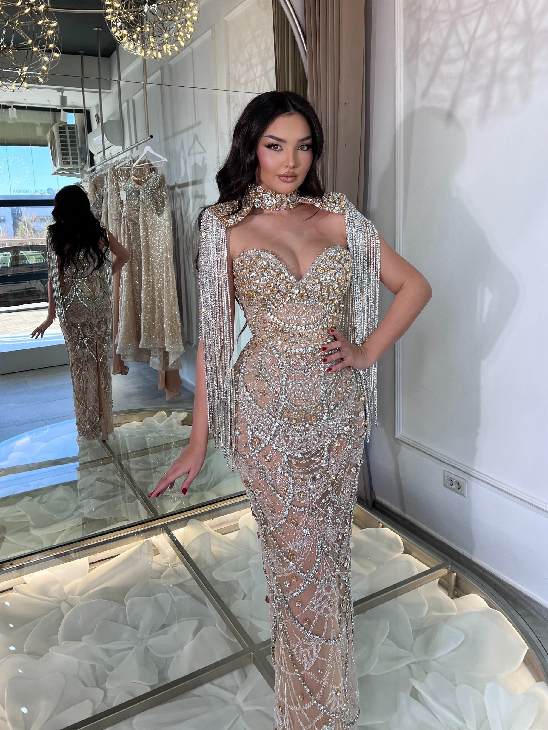 Embroidered Neck Long Dress